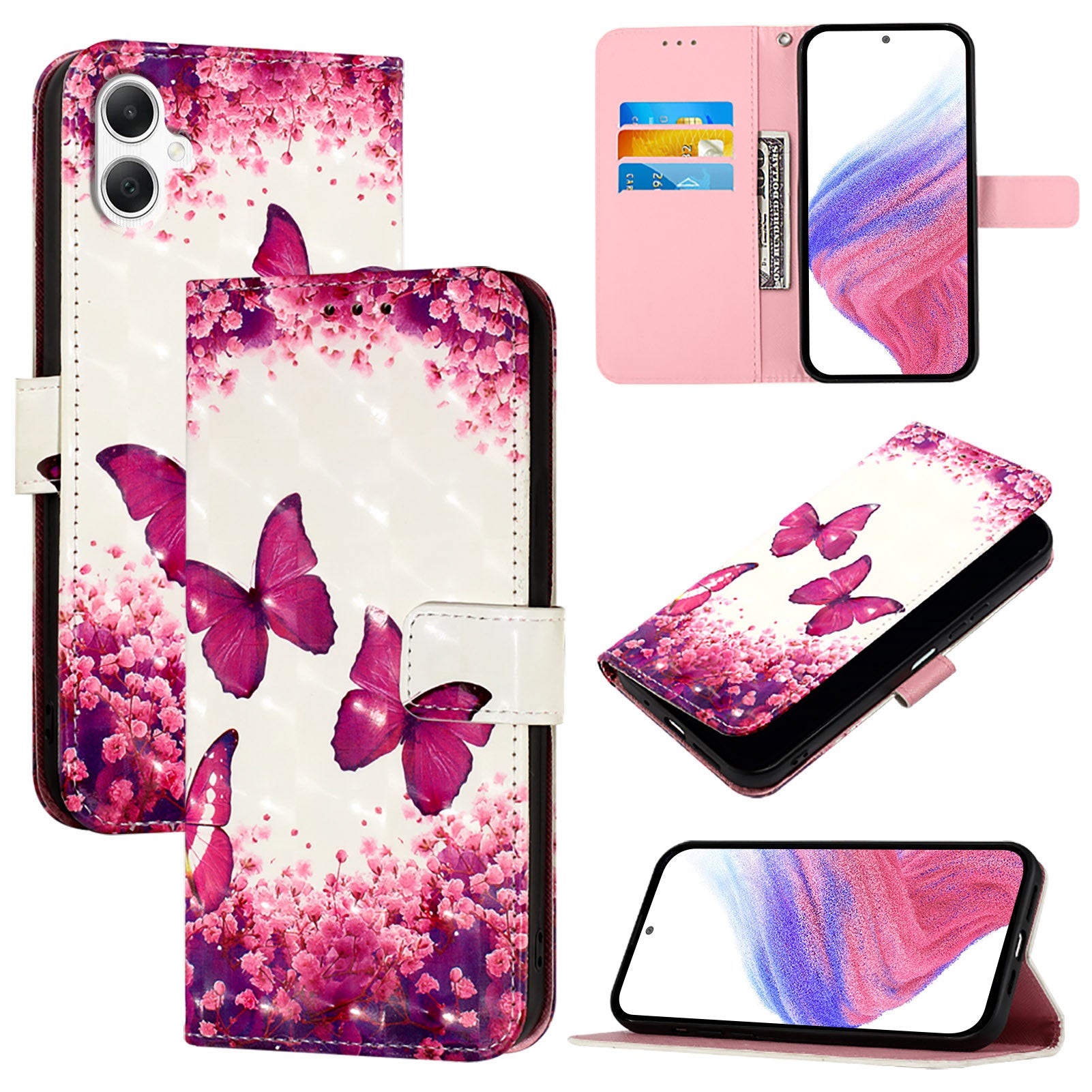 For Samsung Galaxy A06 Leather Case YB Pattern Printing Leather Series-2 Pattern Printing Wallet Stand Cover - Rose Butterflies For Samsung Galaxy A06 Leather Case YB Pattern Printing Leather Series-2 Pattern Printing Wallet Stand Cover - Rose Butterflies